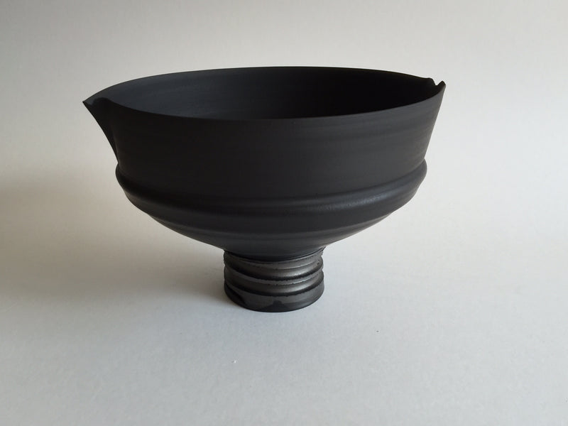Black Straight Sided Bowl with Altered Rim on a Spiral Cut Base